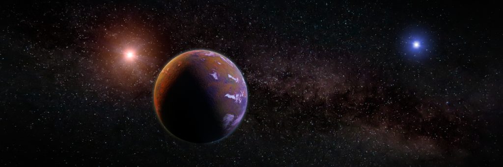 An illustration of a fictional planet with a red and blue binary star system