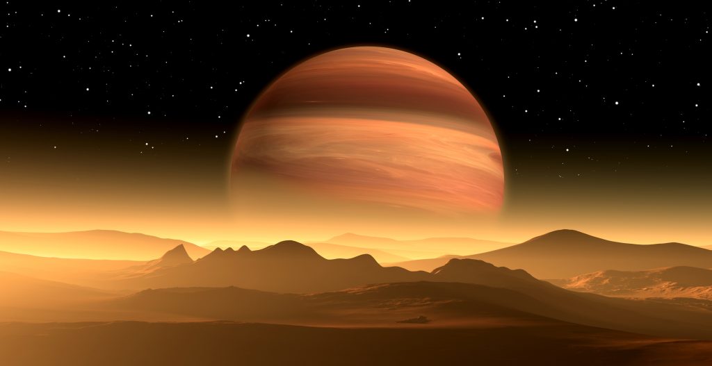 Illustration of exoplanet similar to Jupiter with moon surface in foreground