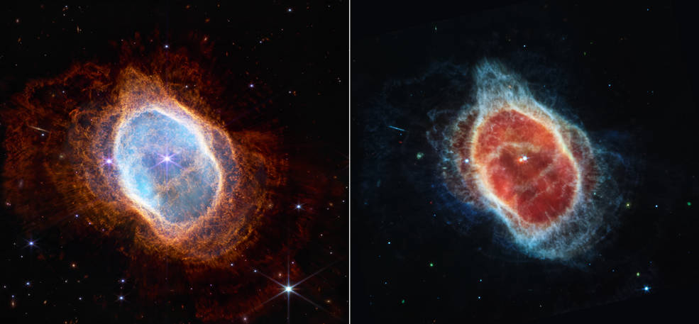 On the left, a blue oval with orange gas waves coming off of it. On the right, a red oval with two white star dots in the center with blue gas waves being emitted around it