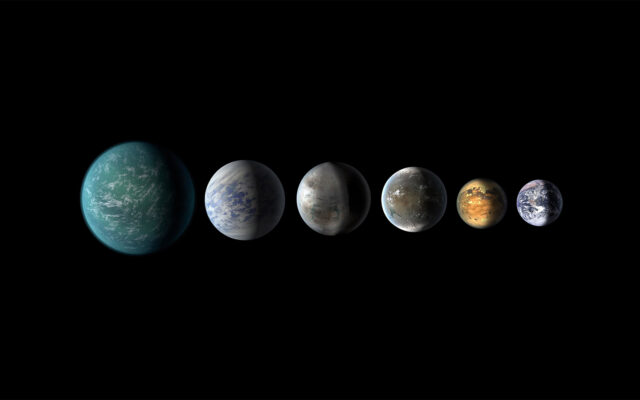 6 planets in a horizontal row on black background.